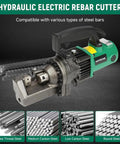 Heavy Duty 7/8 Inch Electric Hydraulic Rebar Cutter with various steel bars for efficient cutting in construction.