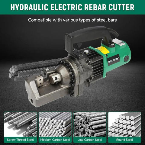 Heavy Duty 7/8 Inch Electric Hydraulic Rebar Cutter with various steel bars for efficient cutting in construction.