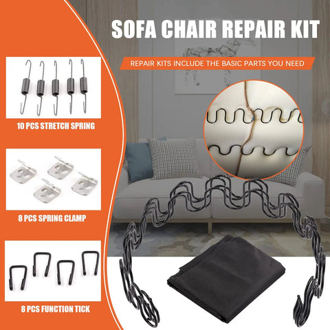63-Piece Sofa Upholstery Spring Replacement Kit with various components displayed on orange banner
