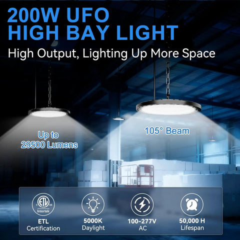 Two 200W UFO LED high bay lights illuminating a large warehouse, highlighting their 29500 lumens 5000K daylight output, ETL listed.