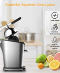 Healnitor 150W Electric Citrus Juicer with Two Cones, Stainless Steel Quiet Orange Juice Extractor, side view with fruits