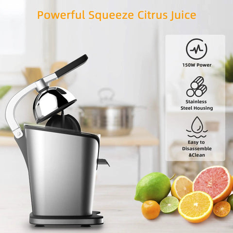 Healnitor 150W Electric Citrus Juicer with Two Cones, Stainless Steel Quiet Orange Juice Extractor, side view with fruits