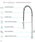 Chalet Single-Handle Pull-Down Kitchen Faucet in Chrome with Solid Brass, 360° Swivel, Deck Plate for Spray and Stream Modes