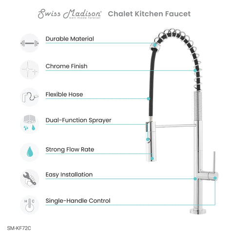 Chalet Single-Handle Pull-Down Kitchen Faucet in Chrome with Solid Brass, 360° Swivel, Deck Plate for Spray and Stream Modes