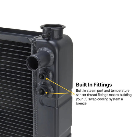 Close-up of the Windchill 3-Row Aluminum Radiator For LS Swap showing billet filler neck, LS-spec fittings, and steam port
