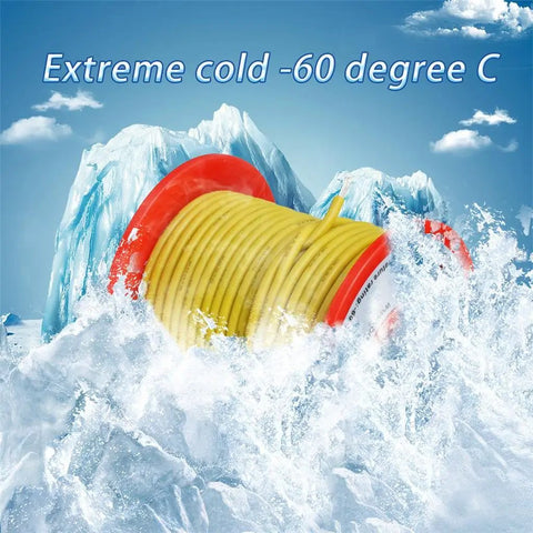 Badass 18 Gauge Yellow Silicone Wire 50 Feet Long Stranded Tinned Copper Core amidst ice, showcasing cold resilience.