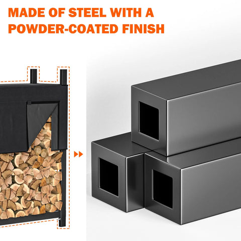 8 Foot Heavy Duty Firewood Rack With Waterproof Cover, steel frame detail showing weatherproof design for indoor and outdoor use.