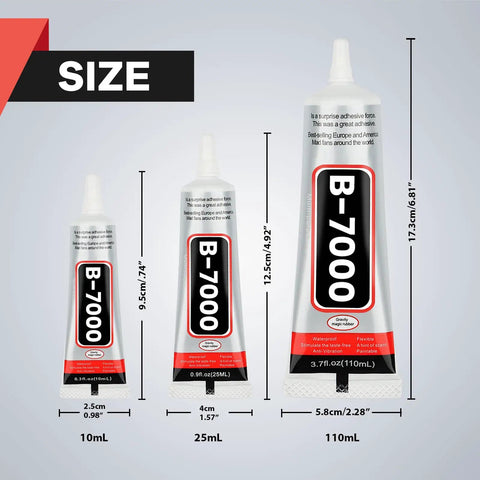 Three tubes of B-7000 adhesive glue in 10ml, 25ml, and 110ml sizes, shown with dimensions on a light gray background.