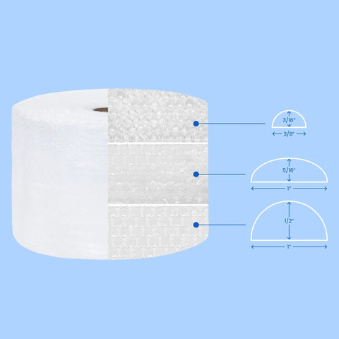 24 Inch By 65 Foot Bubble Roll With Half Inch Large Bubbles, Perforated Cushioning Wrap For Packing Moving Shipping on blue background
