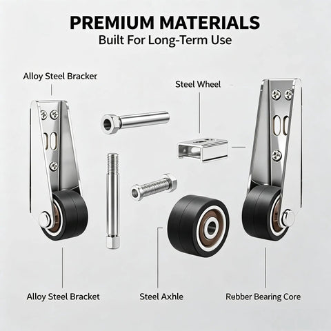 Heavy Duty Sliding Door Roller Wheels Roll Like Butter For Smooth And Whisper Quiet Operation Premium Rubber Vertical Track components laid out.