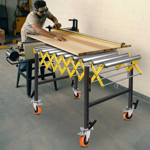 Heavy Duty Commercial Expandable Roller Stand With 700 Lbs Capacity, Adjustable Gravity Conveyor System For Workshop Material Handling in use.