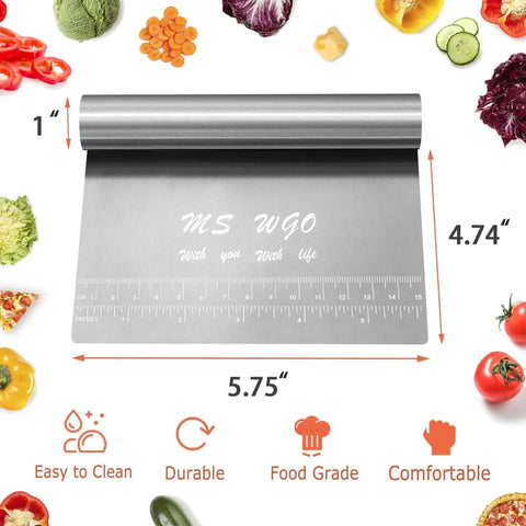 Stainless Steel Pastry Scraper Cutter Chopper With Measuring Scale Multipurpose Dough Knife Workhorse, shown with vegetables