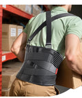 Man lifting box in warehouse wearing Breathable Work Back Brace With Removable Suspenders For Men And Women, Medical Grade Lower Back Support Belt For Lifting, Warehouse And Construction Jobs, Moving Heavy Stuff, Pain Relief And Spine Stabilization.