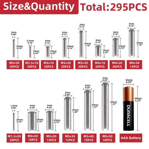 295 Piece Stainless Steel Roll Pin Kit With Spring Dowels, Slotted Tension Pins, And Split Expansion Pins, M1.5 To M6 Sizes