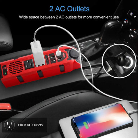 Plug And Play 200W Car Power Inverter Dc 12V To 110V Ac Converter With Dual Outlets Four Quick Charge Usb Ports And Type C Adapter in car console.