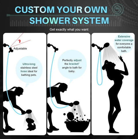 Infographic showing adjustable high pressure kickin rain shower head with handheld unit and stainless steel hose for flexible showers.