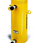 RR-756 Double-Acting Hydraulic Cylinder 75 Ton Capacity With Double Port, 6.13 Inch Stroke, yellow hydraulic unit, side view