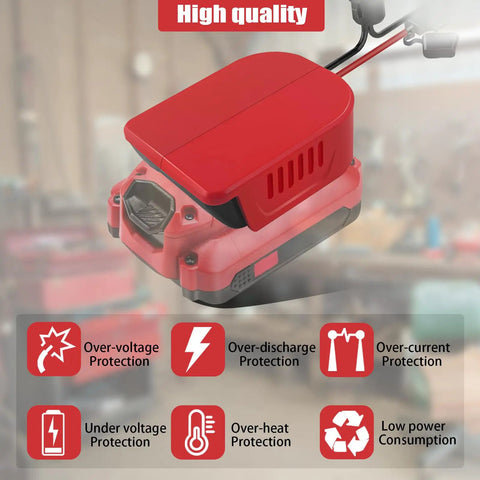 Two Pack Power Wheel Adapters for V20 20V Lithium Batteries CMCB200 to CMCB205 with protection icons and features.