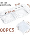 Clear Clamshell Grab And Go Containers 100 Pack With Hinged Lids, showing dimensions and stackable design.
