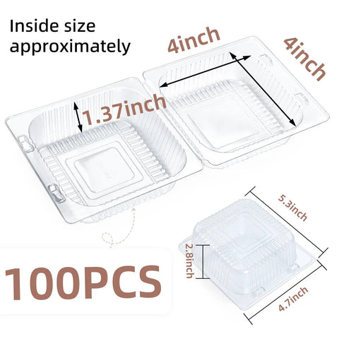 Clear Clamshell Grab And Go Containers 100 Pack With Hinged Lids, showing dimensions and stackable design.