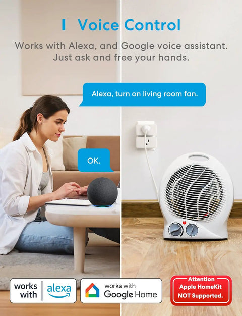 Woman using voice command to control fan with Smart Plug Mini Pack Of Four With 15 Amp Power, 2.4GHz WiFi, Works With Alexa And Google Assistant.
