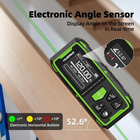 Dual Laser Measuring Tool With 656 Ft Green Beam Bilateral Digital Distance Meter For Length Area Volume And Angle Rechargeable Laser Measurement Tool With Backlit LCD Display And 6 Units In Ft In M, shown measuring a 52.6° angle