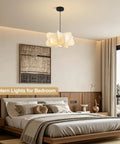 Pandaluna 15.75in Lantern Pendant Light, Wabi Sabi Faux Silk Hanging Lamp in a modern bedroom setting.