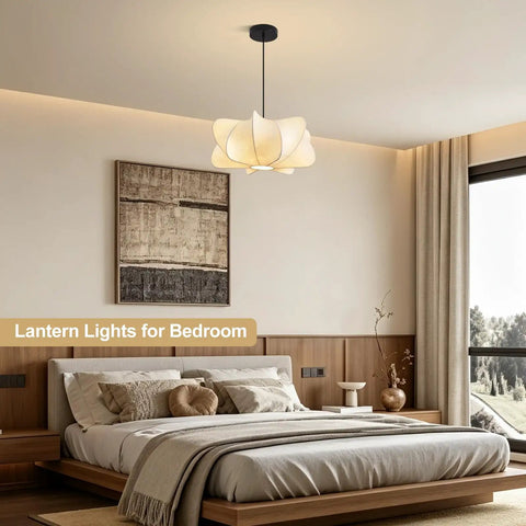 Pandaluna 15.75in Lantern Pendant Light, Wabi Sabi Faux Silk Hanging Lamp in a modern bedroom setting.