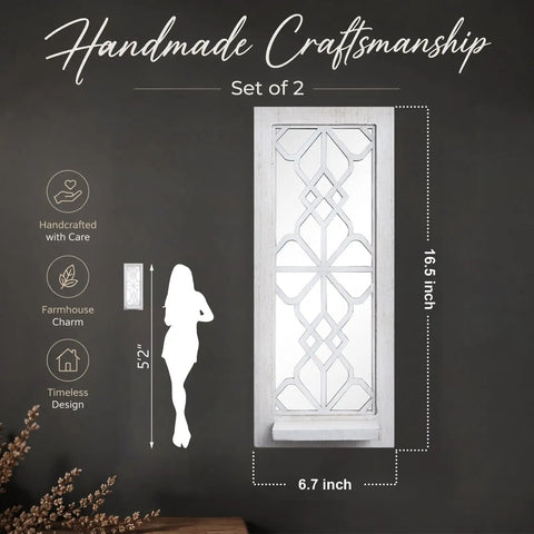 Solid Wood Farmhouse Candle Sconces Set Of Two Wall Mount Holders With Mirrored Backdrop, 16.5x6.7 inches, white design.