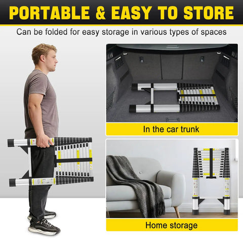 Heavy Duty 12.5 Ft Aluminum Telescoping Ladder With Triangle Stabilizers And Non Slip Feet Portable Collapsible Extension Ladder For Home RV And Outdoor Work 330 Lb Max Capacity folded in car trunk and home storage
