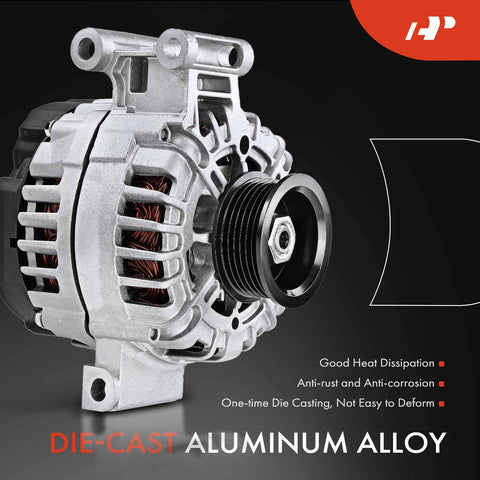 Side view of Beefed Up 12V 125A Alternator For Chevy Colorado 2007 To 2012 GMC Canyon 2007 To 2012 Hummer H3 2007 To 2010 Isuzu I 290 2007 To 2008 6 Groove Pulley Replacement Part 8158843480, die-cast aluminum alloy, 6-groove pulley.