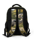 Back view of Forest Pond Grey Heron Print Unisex Backpack With Large Capacity For Daily Commute And School showing straps and heron print