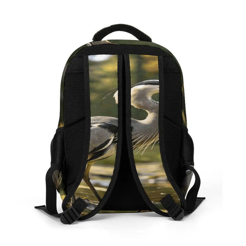 Back view of Forest Pond Grey Heron Print Unisex Backpack With Large Capacity For Daily Commute And School showing straps and heron print