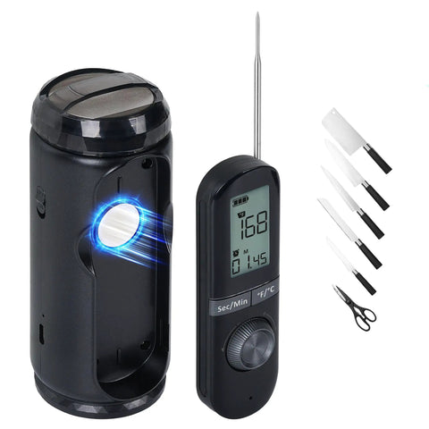 Three In One Cordless Electric Knife Sharpener With Digital Meat Thermometer And Timer, Pro Grade 2-Stage Sharpener, USB Rechargeable