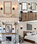 Two Light Rustic Black Vanity Light For Bathroom Over Mirror With Clear Glass Shades in various room settings, including bathroom, bedroom, living room, hallway.