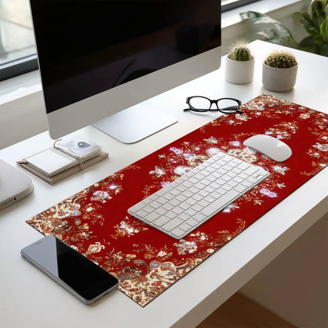 Massive 31.5 By 11.8 Inch Gaming Mouse Pad With Luxury Red Ornamental Pattern on modern desk setup with keyboard