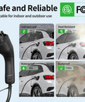 Hella Smooth Level 2 Ev Charger With 32 Amp Charge And Built In Wifi Cold resistant, waterproof, and heat resistant features showcased with vehicle.