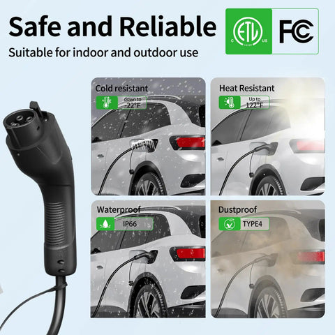 Hella Smooth Level 2 Ev Charger With 32 Amp Charge And Built In Wifi Cold resistant, waterproof, and heat resistant features showcased with vehicle.