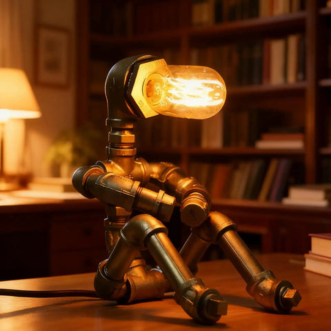 Dope Steampunk Table Lamp With Vintage Industrial Metal Robot Design on wooden desk, bulb glowing, library background.