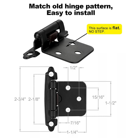 Rock Solid Matte Black Cabinet Hinges Featuring A Nifty 1/2 Inch Overlay Design With Self Closing Action Perfect For Face Frame Cupboards Heavy Duty Smooth Operation And Super Easy Diy Installation. Detailed dimensions and installation angle of matte black hinge.