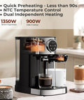 No Fuss Compact Espresso Machine With Real 20 Bar Pressure And Quick Thermo Block Heating Stainless Steel Coffee Maker, showing brew and froth options.