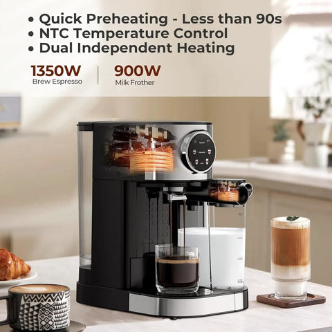 No Fuss Compact Espresso Machine With Real 20 Bar Pressure And Quick Thermo Block Heating Stainless Steel Coffee Maker, showing brew and froth options.