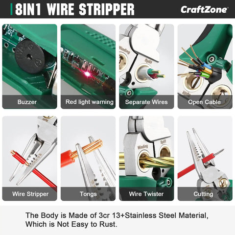 Close-up of Eight In One Wire Stripper With Voltage Tester showing features like wire stripping, cutting, and voltage detection.