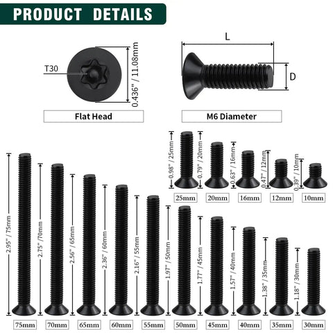 Tough As Nails M6 X 35Mm Flat Torx Security Screws, Solid 304 Stainless Steel Tamper Proof Fasteners, Includes Tt30 Driver Bit, 25 Pack Heavy Duty Set dimensions and details