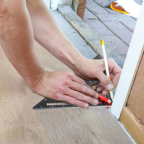 Pro Grade Adjustable Aluminum Triangle Ruler With Imperial Scale 7-Inch Woodworking And Carpentry Square for marking angles on wood.
