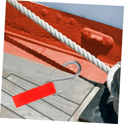 Parliky pool float hanger hook front view; stainless steel curved hook with red grip for pool accessories