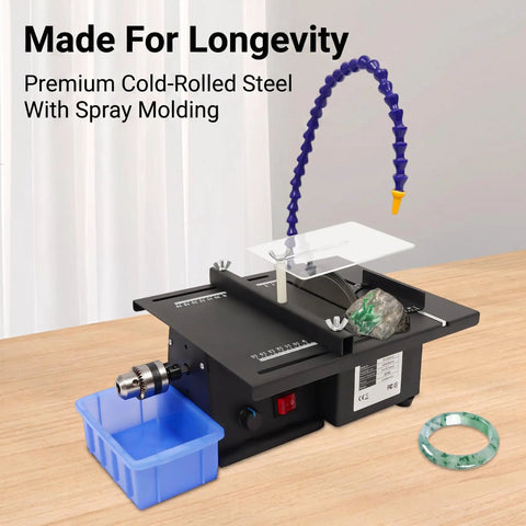 Jade Carving Machine 1850W Table Saw Polisher, 10000RPM Bench Grinder on a table with jade piece and water tray.