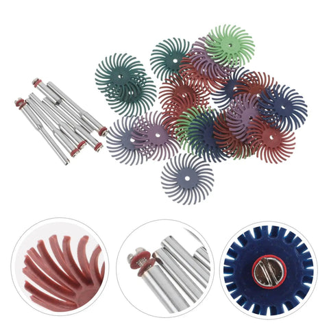 Kick Up Your Surface Game With This 1 Inch Radial Bristle Disc Buffing Wheel Kit That Sports A Snug 3Mm Shank And Delivers Rapid Smoothness For Jewelry Restoration Wood Carving And All Your Serious Detail Sanding Jobs. Image of assorted radial bristle discs and 3mm shank rods.