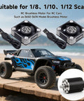 Two Pack 30mm RC Motor Heatsink With Cooling Fan for 1 8 1 10 1 12 scale RC cars and models displayed with car and motor diagram