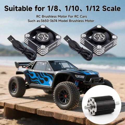 Two Pack 30mm RC Motor Heatsink With Cooling Fan for 1 8 1 10 1 12 scale RC cars and models displayed with car and motor diagram